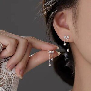 Elegant Silver Bow and Pearl Drop Earrings